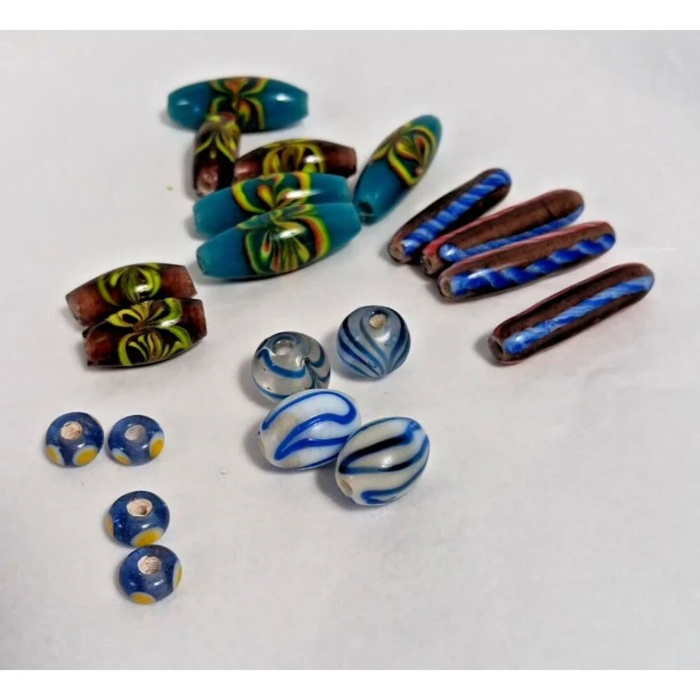 20 Glass Lampwork Beads Lot Mixed Swirls Blue White Red Wide Hole Used Vintage